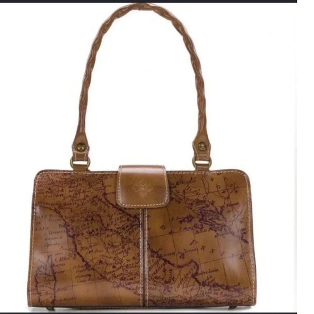 Patricia Nash Rienzo Signature Map Leather Satchel Brown Vintage Style Bag